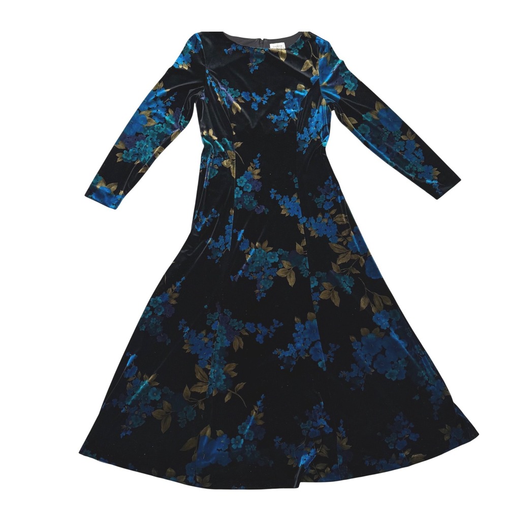 Vintage David Warren 90s Whimsigoth Velvet Floral Maxi Long Sleeve Dress Sz 16